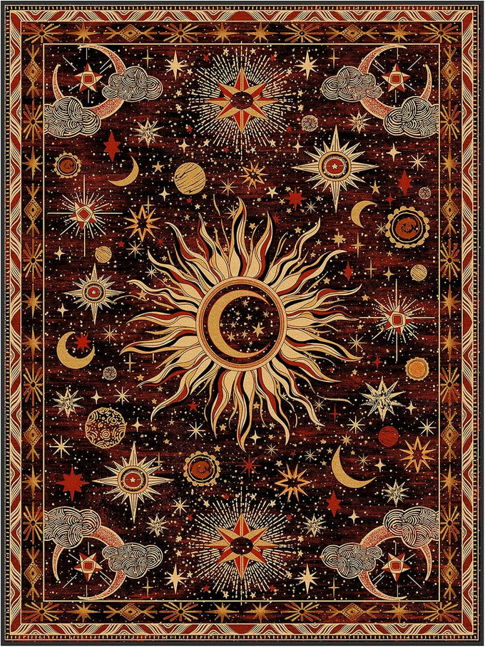 Vacuum-Friendly, 5x7 Washable Area Rug, Black Gold Beige Red