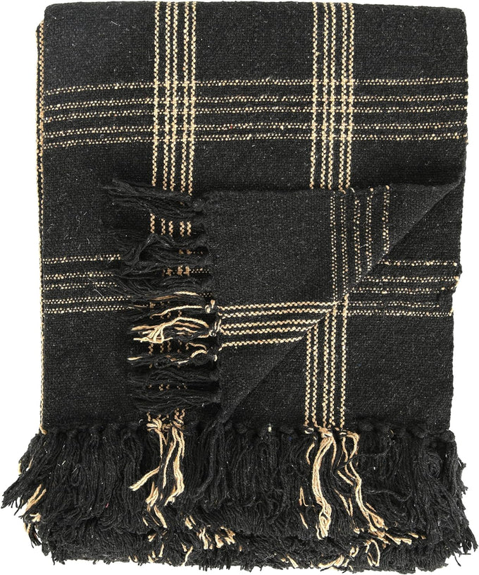 Plaid Black & Tan Fringed Woven Cotton Blend Throw