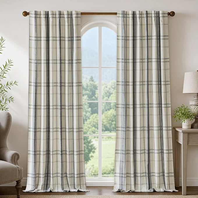 DriftAway 100% Blackout Plaid Linen Chenille Curtains 90 Inches Black