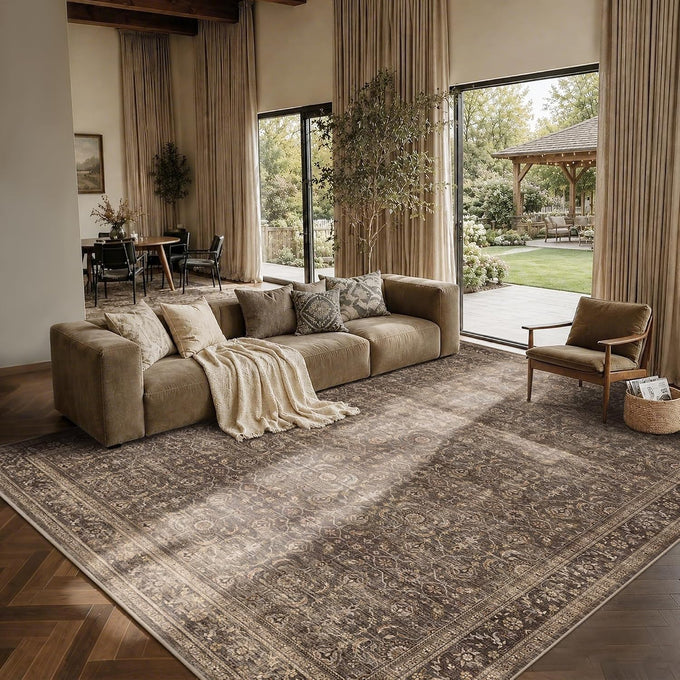 JOOJA 8x10 Dark Brown Vintage Soft Low Pile Non Slip Boho Washable Area Rug