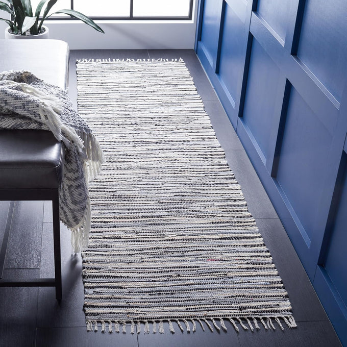 SAFAVIEH Rag Rug Collection Area Rug - 5' x 8', Turquoise & Multi, Handmade Boho Stripe Cotton, Ideal for High Traffic Areas in Living Room, Bedroom (RAR129C)