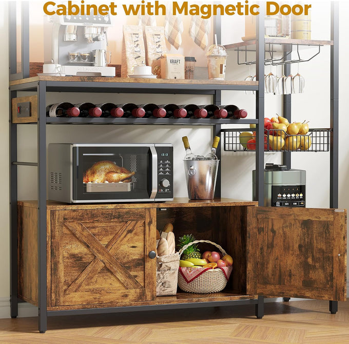 IRONCK Bakers Rack with Cabinet and LED Light, Coffee Bar Cabinet, Brown