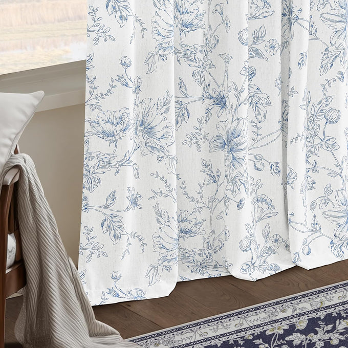BILEEHOME Pleated Blue Curtains for Living Room Privacy Linen Drapes 40x90