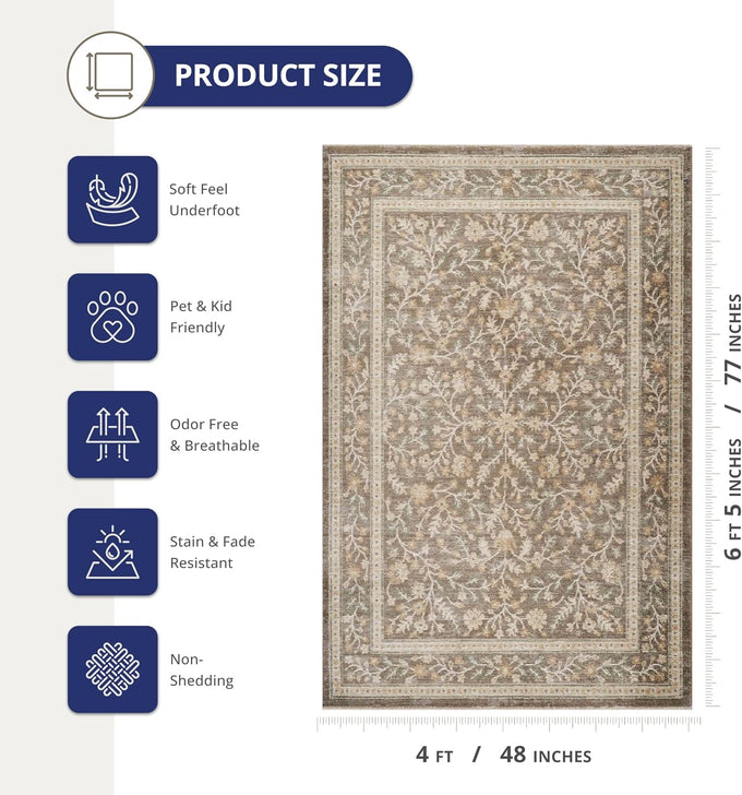 Abani Evelyn Collection Mocha Area Rug - 4' x 6' - Floral Pattern, Non-Shedding - Easy to Clean, Durable for Living Rooms, Bedrooms & Offices, Pet & Kid Friendly