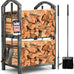AMAGABELI GARDEN & HOME 31in Large Firewood Rack With Fireplace Tools Set Wrought Iron Indoor Outdoor Kindling Log Holder Heavy Duty Wide Wood Storage Log Rack Accessories Shovel Poker Tongs Broom