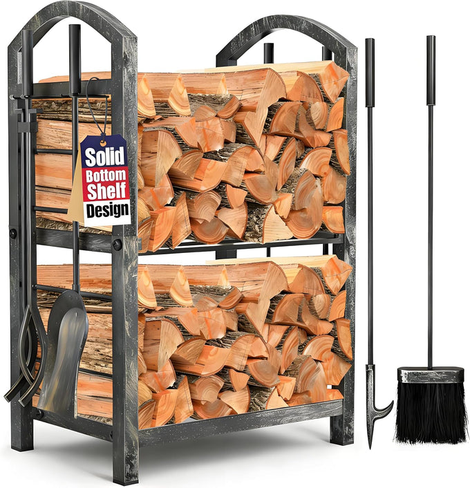 AMAGABELI GARDEN & HOME 31in Large Firewood Rack With Fireplace Tools Set Wrought Iron Indoor Outdoor Kindling Log Holder Heavy Duty Wide Wood Storage Log Rack Accessories Shovel Poker Tongs Broom