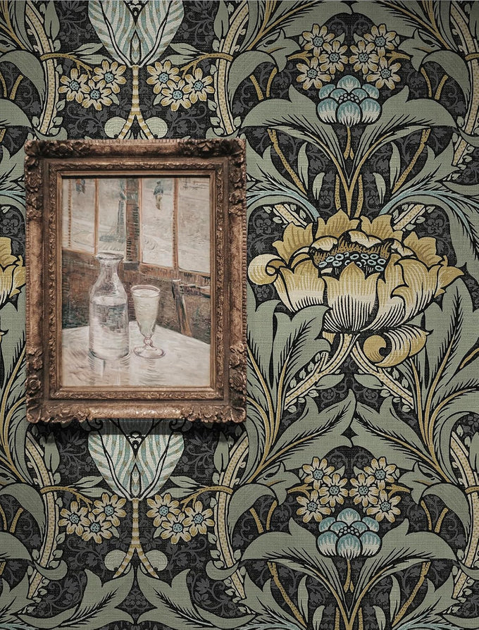 Acanthus Floral Vintage Prepasted Wallpaper (Charocal & Goldenrod)