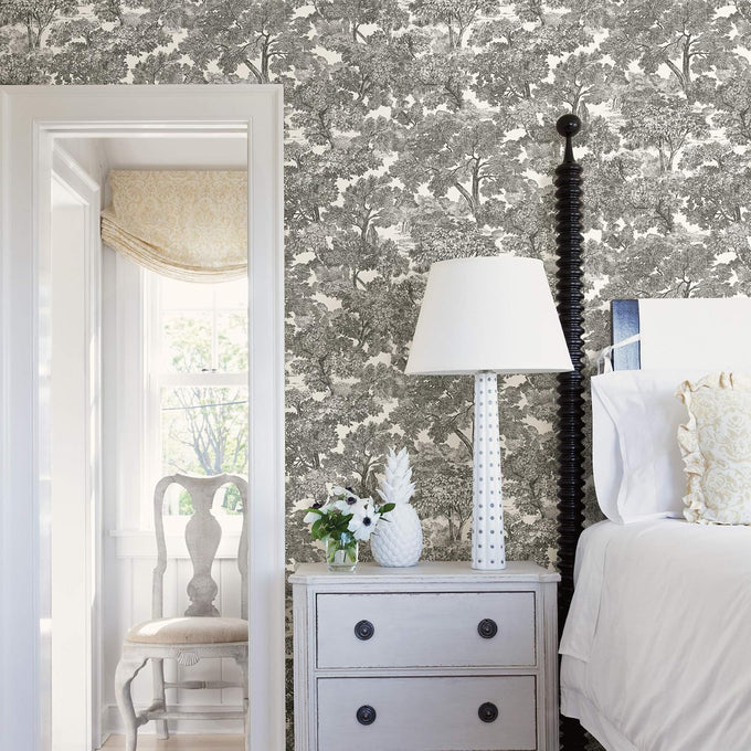 Chesapeake Black Spinney Toile Wallpaper, Prepasted, Washable, Strippable, 20.5 in x 33 ft