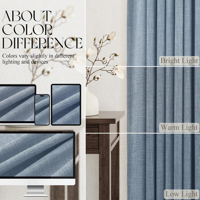 Jowels Blue Pleated Thick Linen Curtains 90 Inch Long for Living Room