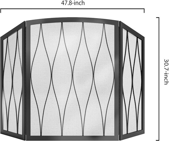 Kingson Childproof Fireplace Screen 3- Panel Modern Handcrafted Wrought Iron Foldable Metal Mesh, Heavy Duty Decorative Fireplace Spark Guard Cover for Living Room Home Decor Black Finish