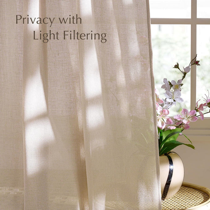 NICETOWN Thick Linen Semi Sheer Light Filtering Curtains, Back Tab/Rod Pocket with Pleat Tape Privacy Added Window Treatments for Bedroom/Farmhouse, Angora, W52 x L95, 2 Panels