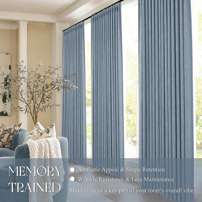 Jowels Blue Pleated Thick Linen Curtains 90 Inch Long for Living Room