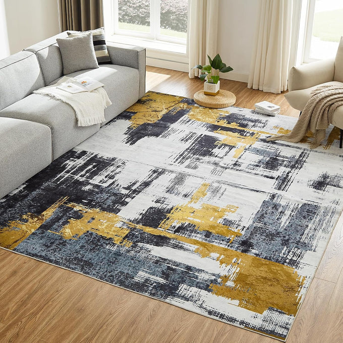 VK·LIVING Machine Washable Rug 6'x9' Abstract Washable Area Rugs for Living Room Non Slip Rugs for Bedroom Modern Woven Boho Rug Soft Carpet for Kitchen, Dining (Gold Brushstroke)