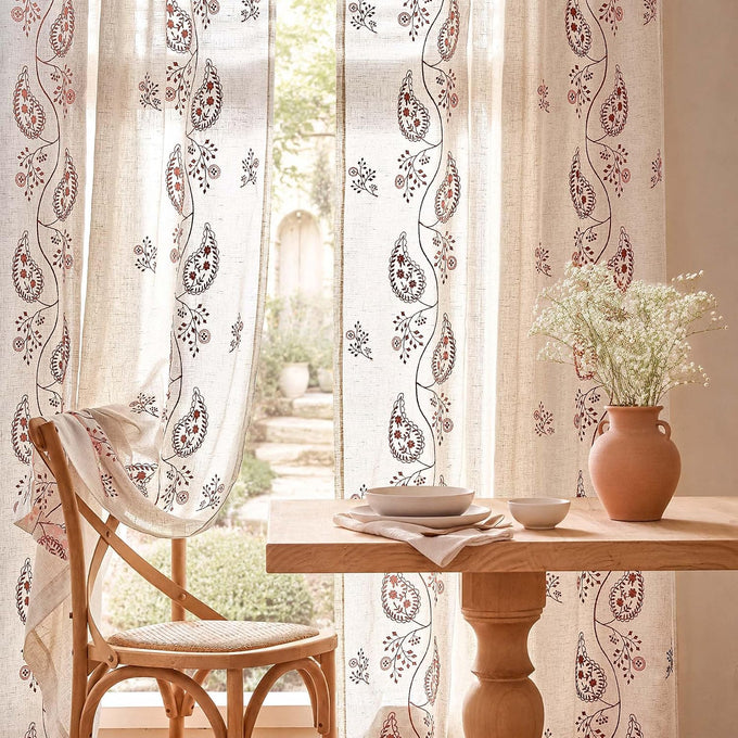 jinchan Linen Curtains 96 Inch Terracotta Floral Drapes Back Tab 2 Panels