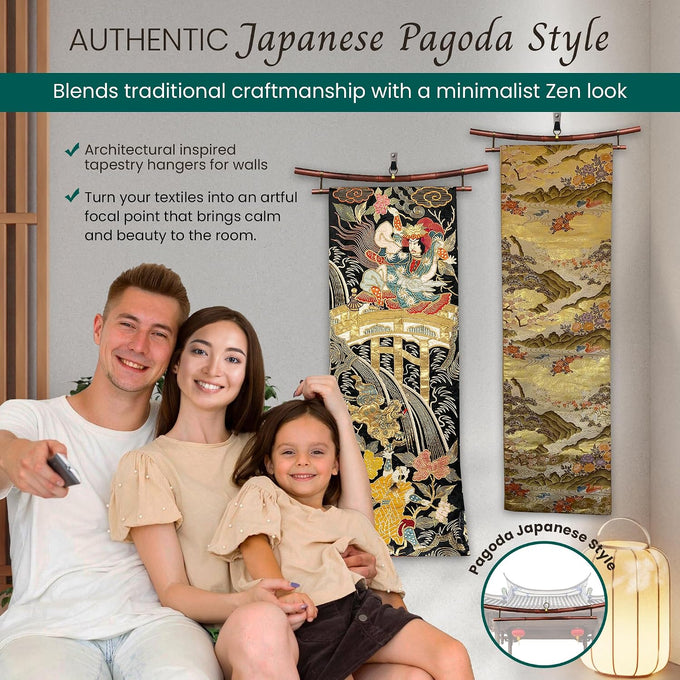 Smoked Bamboo Tapestry Holder – Rug Wall Hanger, Tapestry Wall Hanger, Obi Textile Hanger | Zen Pagoda Design | Fits 19”, 23”, 30”, 36” | Handmade Japanese Ikat & Kimono Display (fits 19 inch)