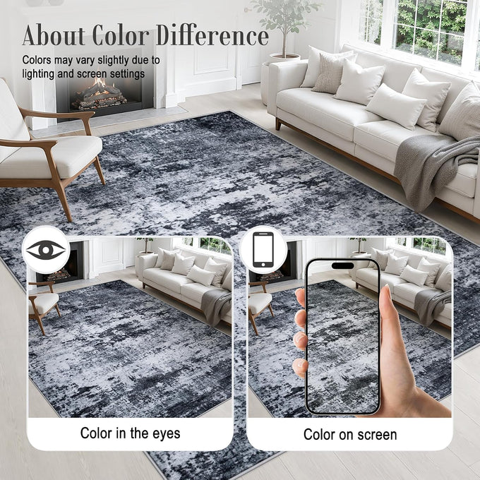 8x10 Area Rug Living Room: Modern Washable Indoor Carpet Black