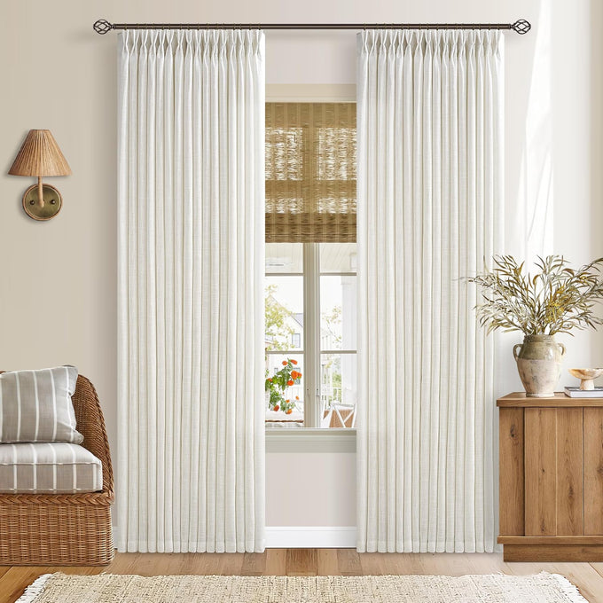 Natural Pinch Pleated Linen Blend Semi Sheer Window Curtains 90 Inches Long