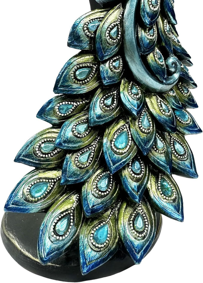 Nature's Mark 16 Inches Tall Peacock Statue - Decorative Resin Peacock Sculpture with Intricate Hand-Painted Details, Blue and Gold Accents for Home, Office, or Garden Decor