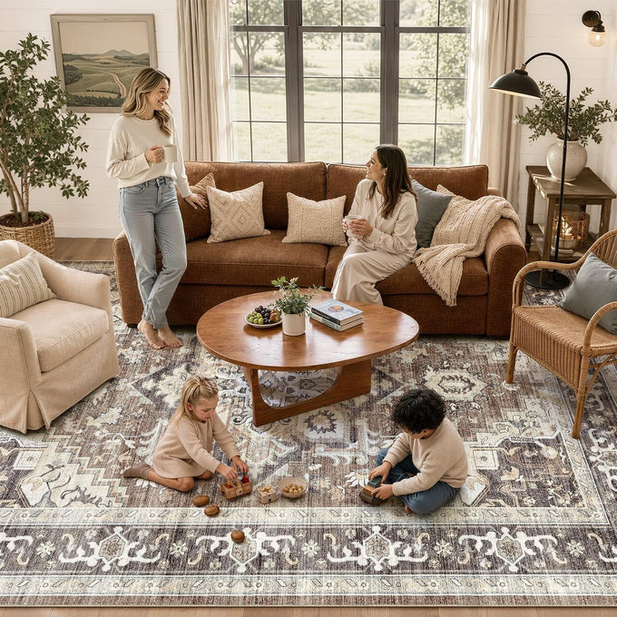 DTICON Vintage Washable 8x10 Area Rug Living Room Rugs, Dark Brown