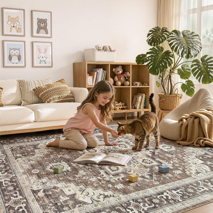 DTICON Vintage Washable 8x10 Area Rug Living Room Rugs, Dark Brown