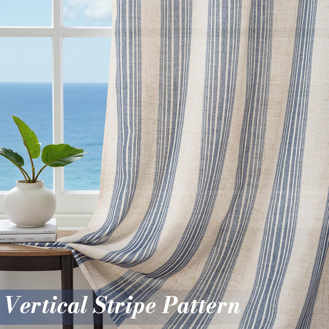 DriftAway Farmhouse Curtains for Living Room Vertical Striped Linen Curtains Semi Sheer Light Filtering Grommet Window Treatments, 120 Inches Long, 2 Panels, Jean Navy on Beige