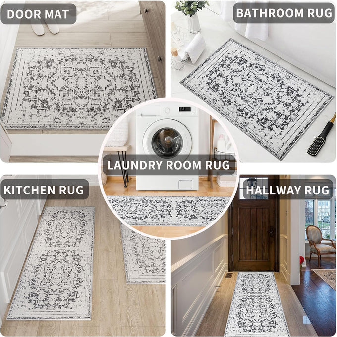 Vintage Runner Rug Non Slip for Hallway Bathroom Kitchen 3x10 ft, Ultra Soft Boho Carpet Runner with Low Pile Design Machine Washable Runner Rugs for Entryway Laundry Living Room (Black)