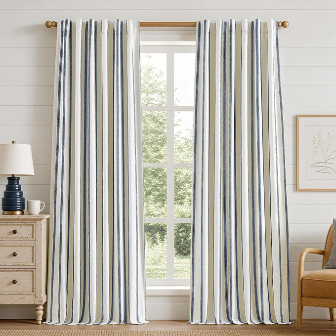 DriftAway 100% Blackout Farmhouse Linen Chenille Stripe Drapes Camel Beige