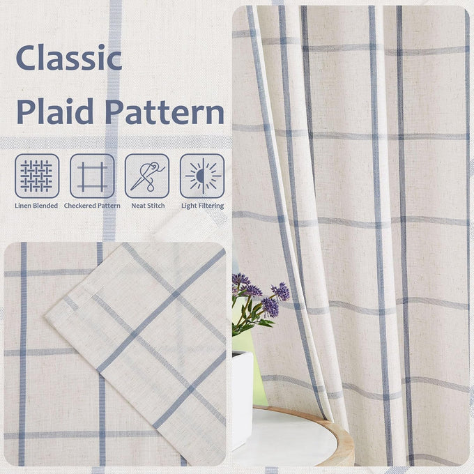 Cornflower Blue Plaid Pinch Pleated Semi Sheer Curtain, 40"Wx108"Lx2