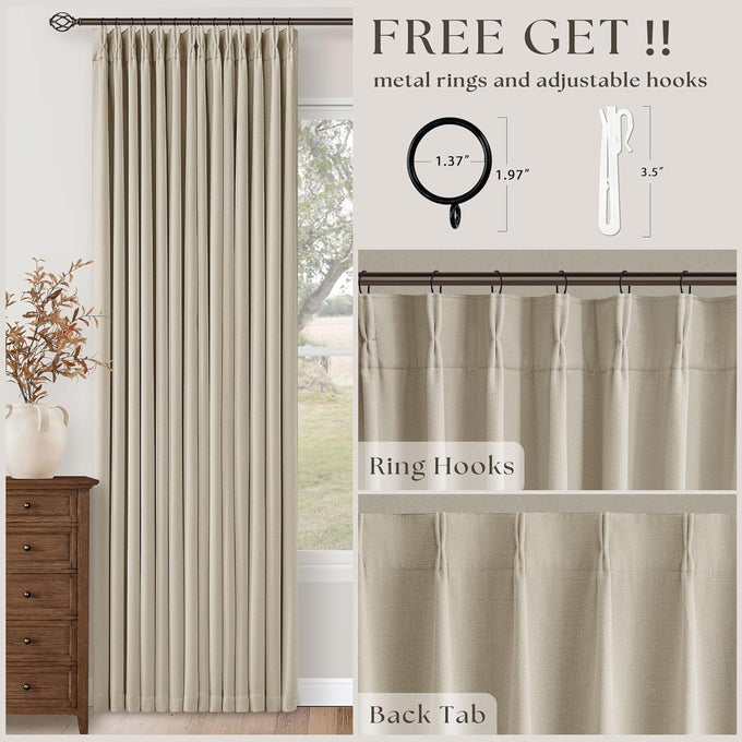 Oatmeal 102 Inch Blackout Linen Pleated Curtains for Bedroom Living Room