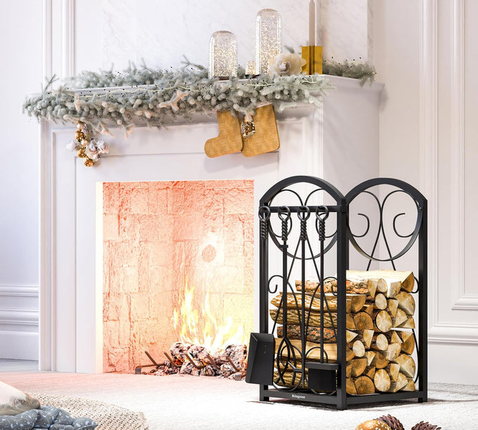 Kingson Firewood Rack Indoor Wood Holders Fireplace Tool Rack Outdoor Log Holder Rack Lumber Storage Stacking Fireplace Tools Set Wood Stove Accessories Black