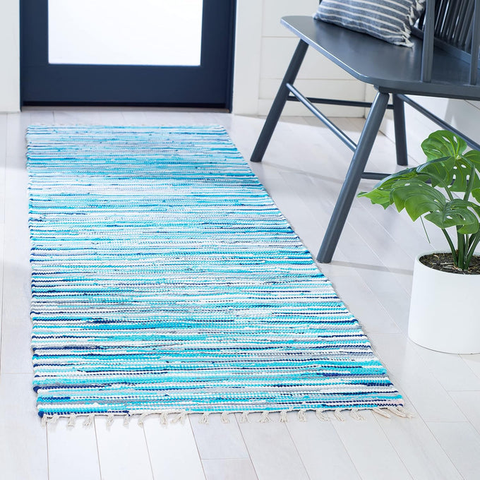 SAFAVIEH Rag Rug Collection Area Rug - 5' x 8', Turquoise & Multi, Handmade Boho Stripe Cotton, Ideal for High Traffic Areas in Living Room, Bedroom (RAR129C)