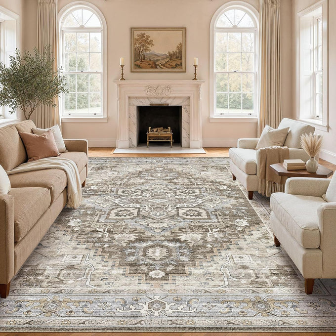 DTICON Vintage Washable 8x10 Area Rug Living Room Rugs, Dark Brown