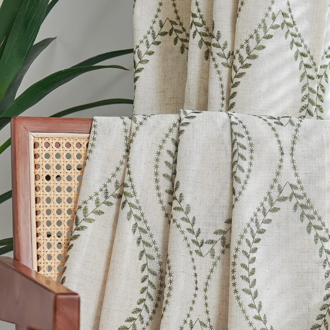 jinchan Boho Linen Curtains 63 Inch Green on Beige Grommet 2 Panels