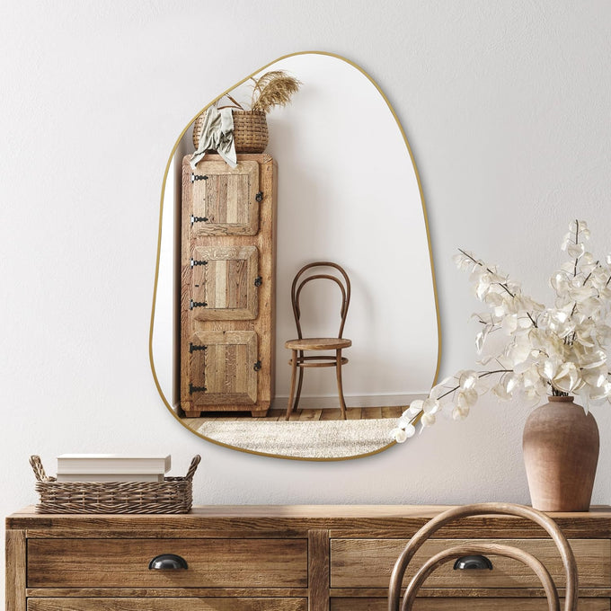 PERFNIQUE Irregular Asymmetrical Wall Mirror, 32"x24" Black Bathroom Mirror