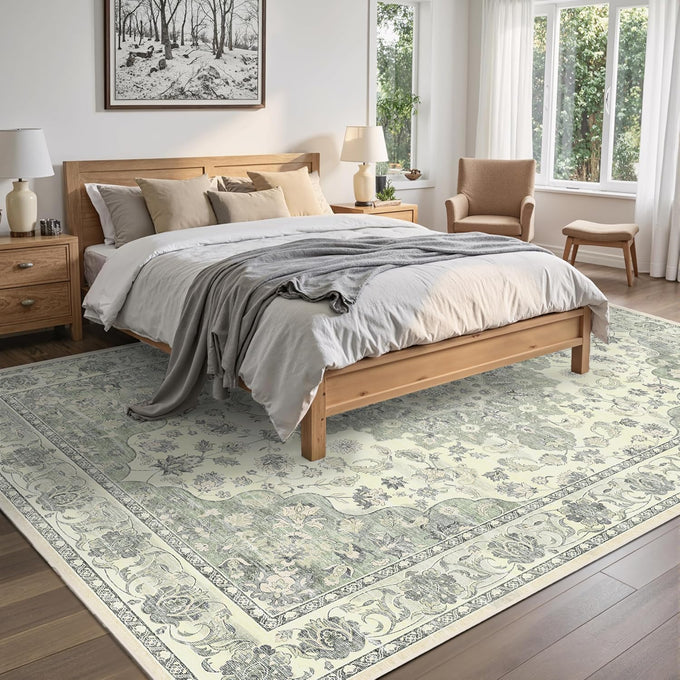 5x7 Non-Slip Washable Livingroom Vintage Area Rug, Sage Green