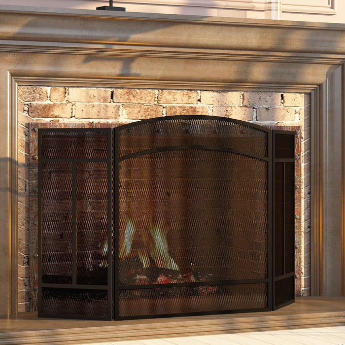 Fire Beauty 3 Panel Wrought Iron Fireplace Screen Spark Guard Cover(Black)