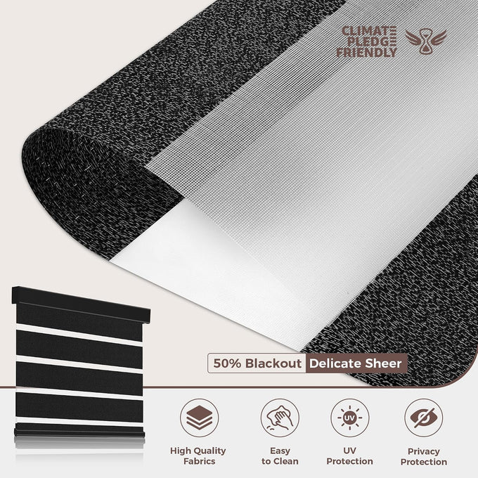 Allesin zen Cordless Zebra Blinds 46" W x 48" H Black, Dual Layer Day and Night Shades, Room Darkening Blackout & UV Protection, Child & Pet Safe, Easy Install, Home Office Window Treatment