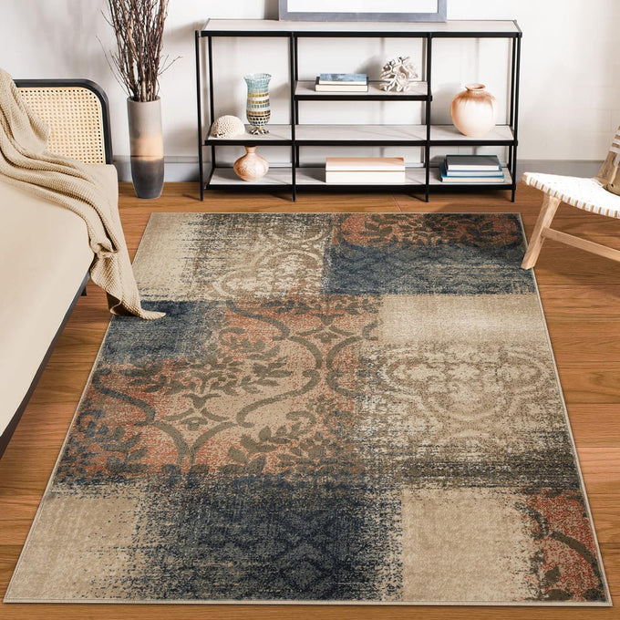 Superior Bristol Collection Area Rug, 8mm Pile Height with Jute Backing, Chic Geometric Damask Patchwork Design, Fashionable and Affordable Woven Rugs - 2'7" x 8' Runner, Beige & Brown