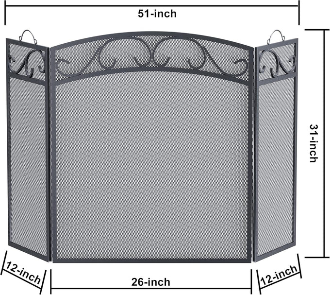 Fire Beauty 3 Panel Wrought Iron Fireplace Screen, Black Spark Guard