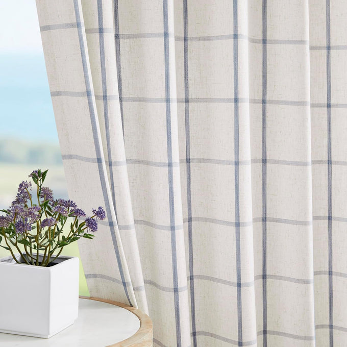 Cornflower Blue Plaid Pinch Pleated Semi Sheer Curtain, 40"Wx108"Lx2