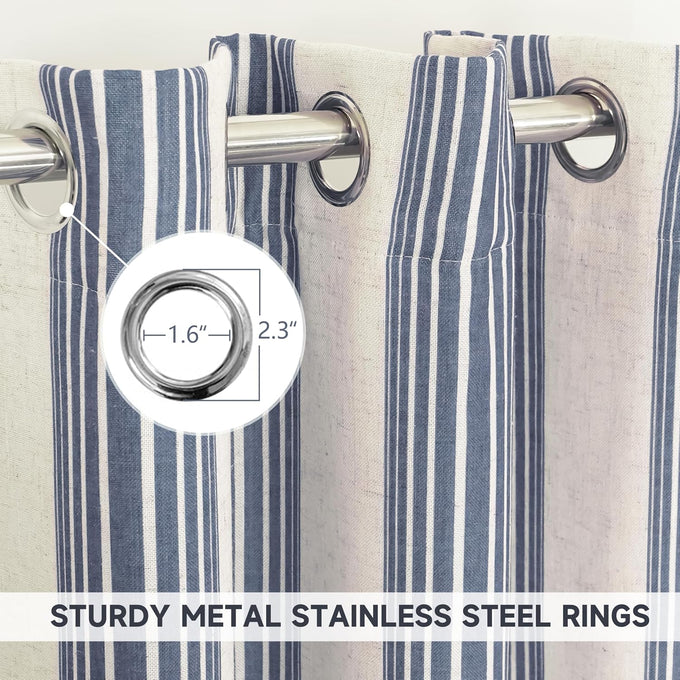 DriftAway Farmhouse Curtains for Living Room Vertical Striped Linen Curtains Semi Sheer Light Filtering Grommet Window Treatments, 120 Inches Long, 2 Panels, Jean Navy on Beige