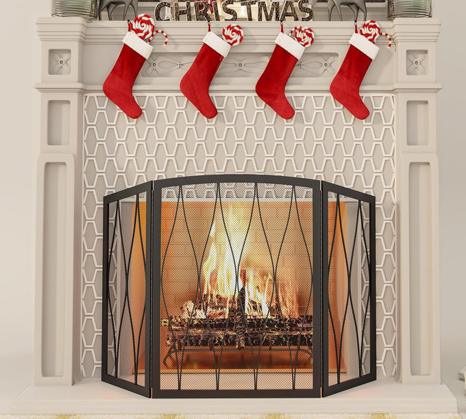 Kingson Childproof Fireplace Screen 3- Panel Modern Handcrafted Wrought Iron Foldable Metal Mesh, Heavy Duty Decorative Fireplace Spark Guard Cover for Living Room Home Decor Black Finish