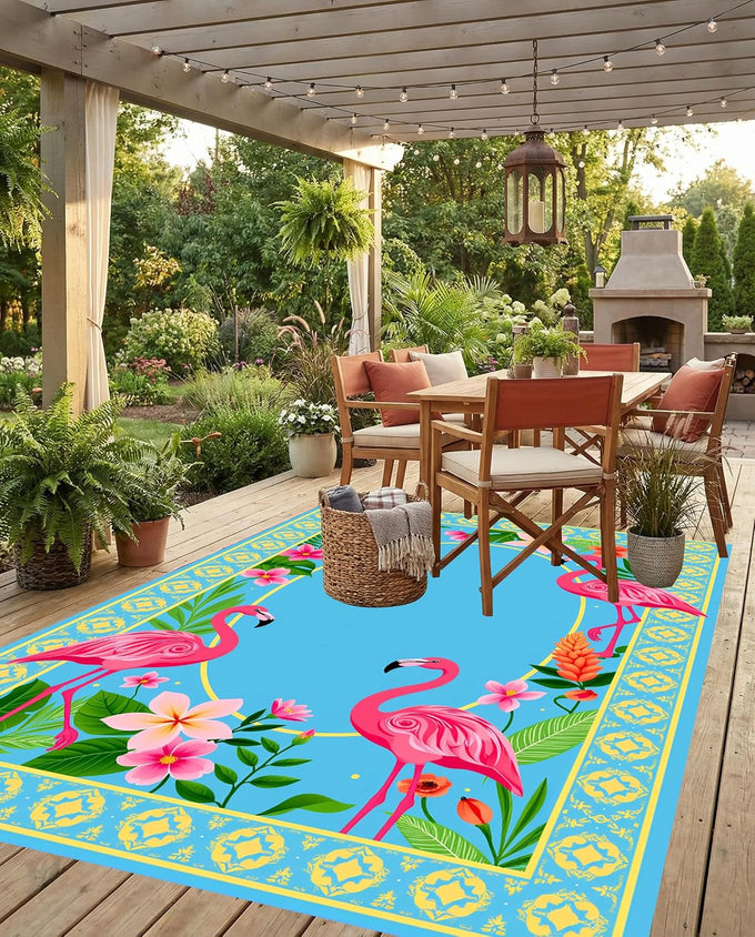 Luxury Flamingo Tropical Leaf Flower Patter 4x6 Outdoor Rug Blue Pink Gold Waterproof Soft Pile Carpet for Patio Porch Deck Balcony Chic Double Layer Border Garden Backyard Durable Mat