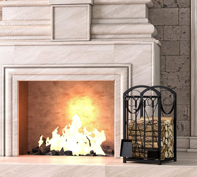 Kingson Firewood Rack Indoor Wood Holders Fireplace Tool Rack Outdoor Log Holder Rack Lumber Storage Stacking Fireplace Tools Set Wood Stove Accessories Black
