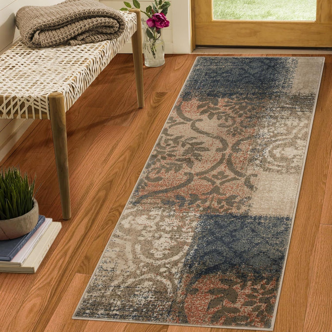 Superior Bristol Collection Area Rug, 8mm Pile Height with Jute Backing, Chic Geometric Damask Patchwork Design, Fashionable and Affordable Woven Rugs - 2'7" x 8' Runner, Beige & Brown