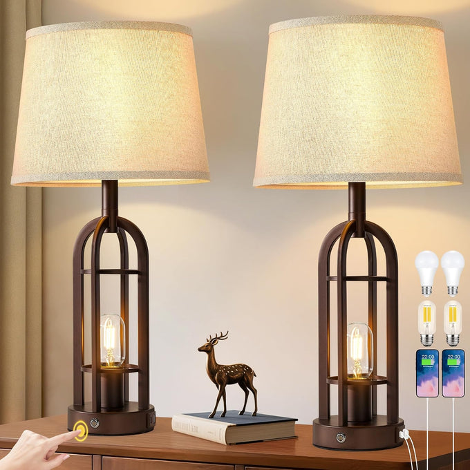 SRJJA 24" Farmhouse Table Lamps for Living Room Bedroom Set of 2, USB A+C