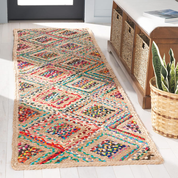 SAFAVIEH Cape Cod Collection Area Rug - 4' Square, Natural & Blue, Handmade Flat Weave Diamond Braided Jute & Denim, Ideal for High Traffic Areas in Living Room, Bedroom (CAP354A)
