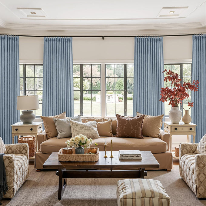 Jowels Blue Pleated Thick Linen Curtains 90 Inch Long for Living Room