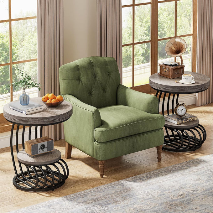 Tribesigns Round End Table, 2-Tier Farmhose Wood Side Table with Shelf Storage, Small Sofa Side Bedside Nightstand, Arc-Shaped Frame Accent Furniture for Living Room, Grey