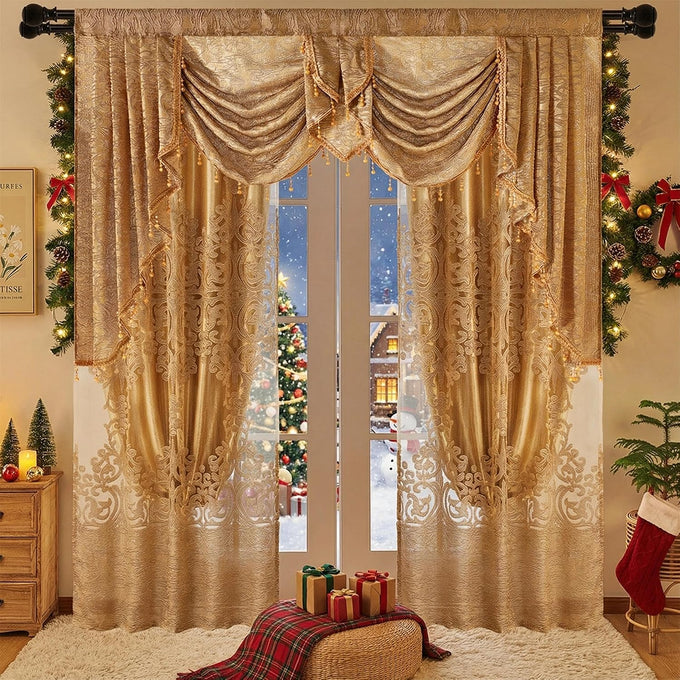 NAPEARL Luxury Jacquard Curtains and a Valance for Living Room, Dining Room Curtains & Drapes with Layer, Set of 2 Panels with Lining Satins (Gloden, W52 x L84)